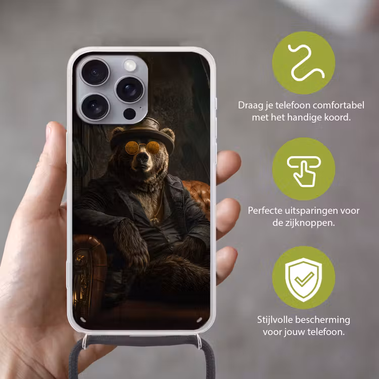 Beer - Bruin - Pak - Hoed Hoesje iPhone 16 Pro Max met koord klein -sfeer2_NL