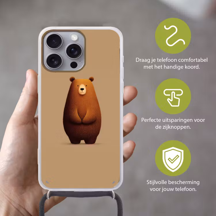 Beer - Minimalistisch - Bruin Hoesje iPhone 16 Pro Max met koord klein -sfeer2_NL
