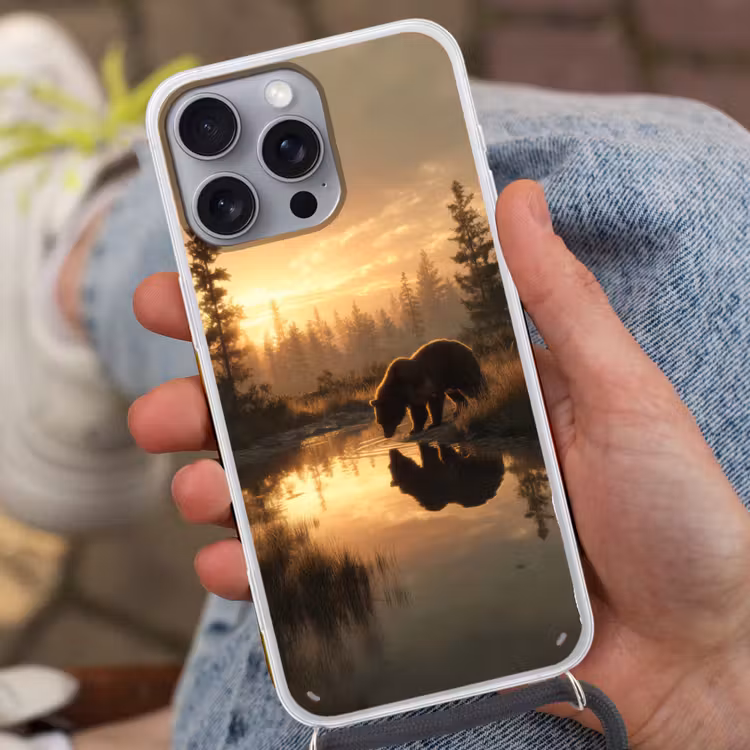 Beer - water - Bos - Ochtendlicht Hoesje iPhone 16 Pro Max met koord klein -sfeer3