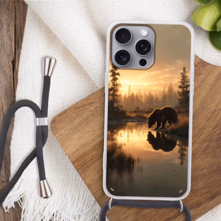 Beer - water - Bos - Ochtendlicht Hoesje iPhone 16 Pro Max met koord klein -sfeer4