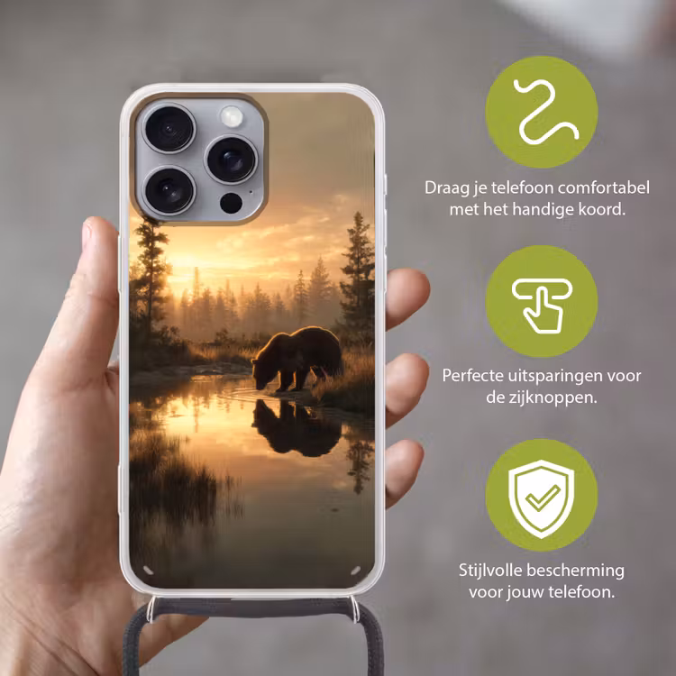 Beer - water - Bos - Ochtendlicht Hoesje iPhone 16 Pro Max met koord klein -sfeer2_NL
