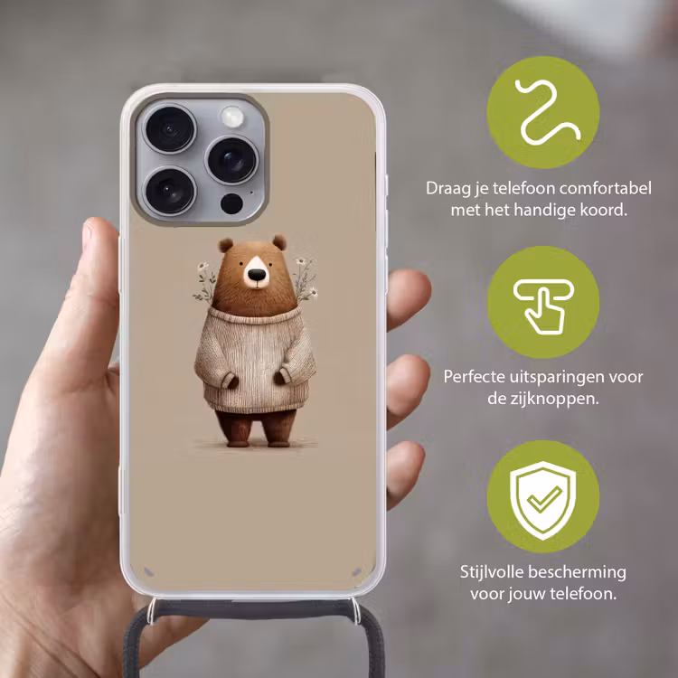 Beer - Witte bloemen - Knus Hoesje iPhone 16 Pro Max met koord klein -sfeer2_NL
