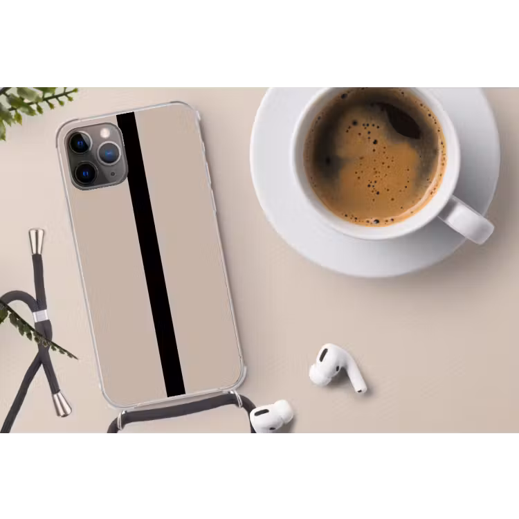 Beige - Zwart - Streep - Minimalistisch Hoesje iPhone 12 Pro met koord klein -oordop