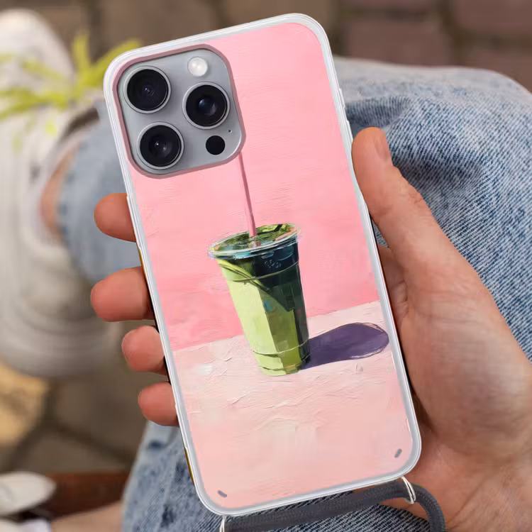 Beker - Rietje - Minimalistisch - Groen Hoesje iPhone 16 Pro Max met koord klein -sfeer3