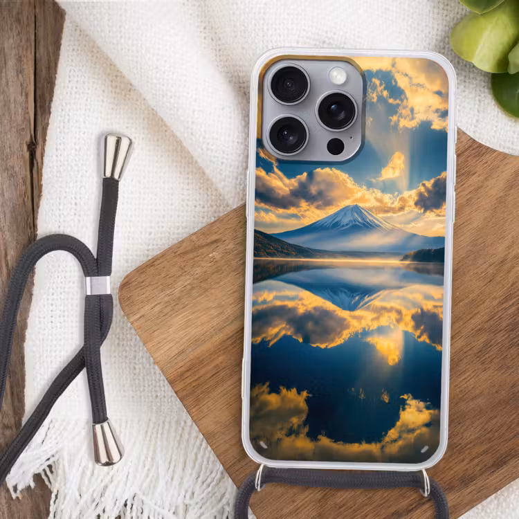 Berg - Rivier - Zonsondergang Hoesje iPhone 16 Pro Max met koord klein -sfeer4