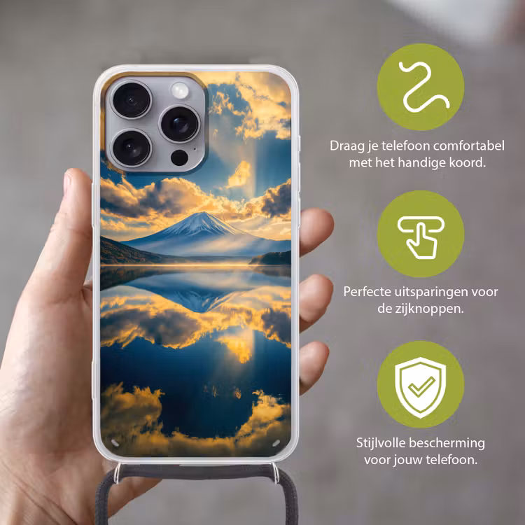 Berg - Rivier - Zonsondergang Hoesje iPhone 16 Pro Max met koord klein -sfeer2_NL