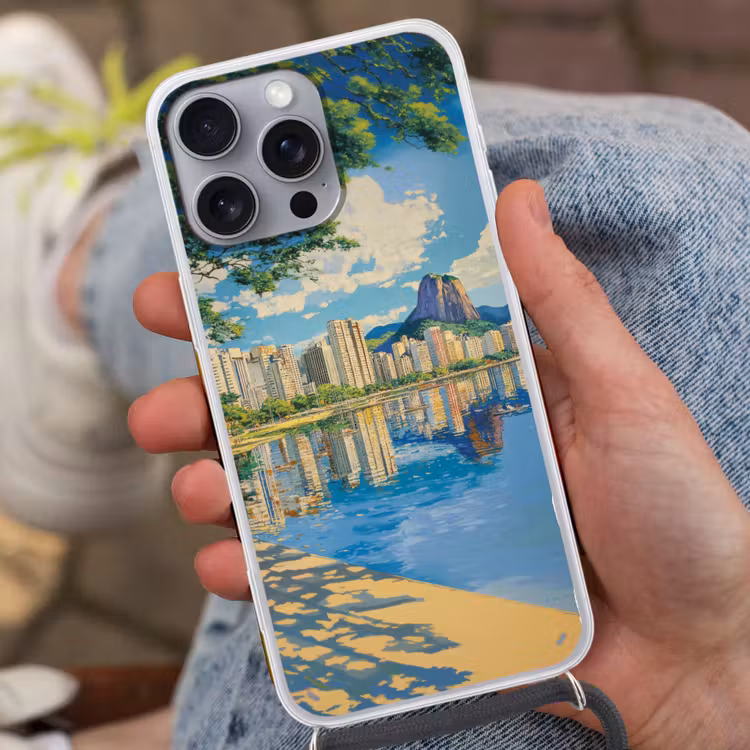 Berg - Skyline - Strand - Water Hoesje iPhone 16 Pro Max met koord klein -sfeer3