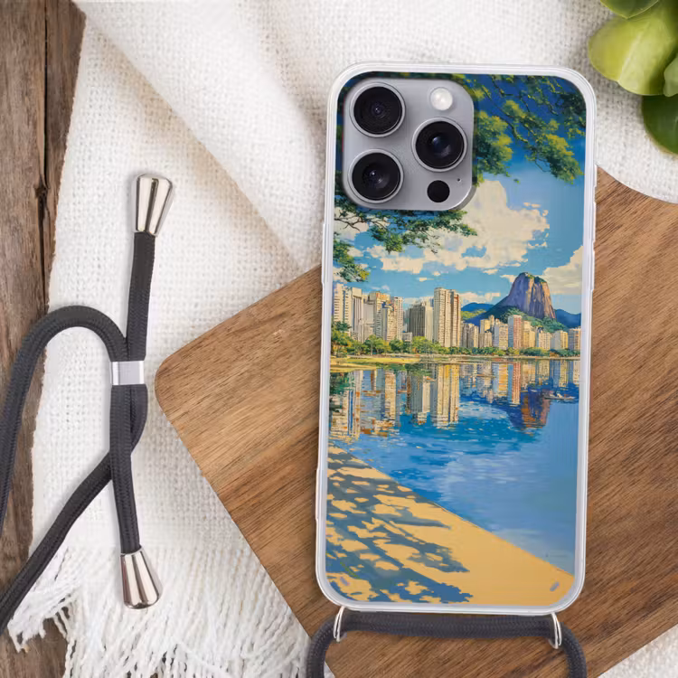 Berg - Skyline - Strand - Water Hoesje iPhone 16 Pro Max met koord klein -sfeer4