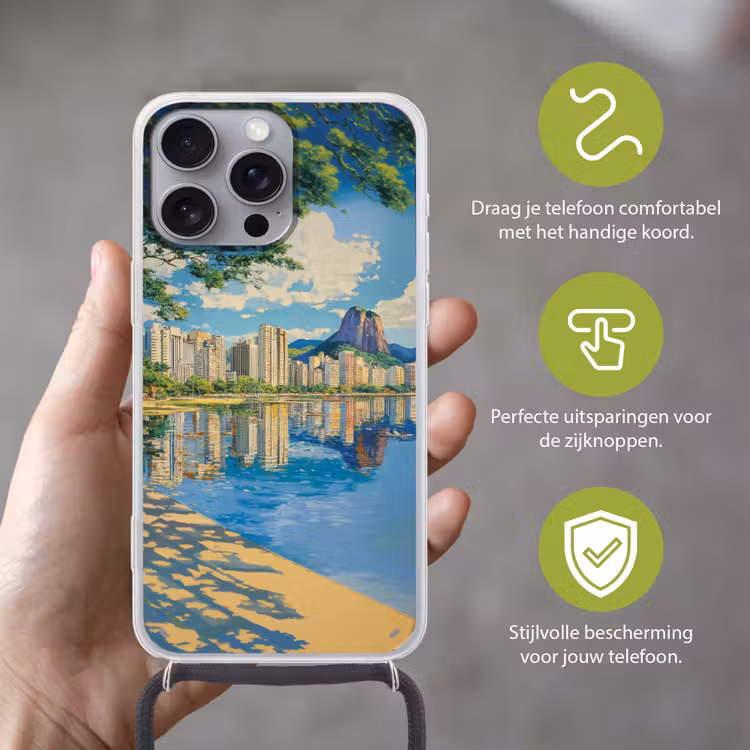 Berg - Skyline - Strand - Water Hoesje iPhone 16 Pro Max met koord klein -sfeer2_NL