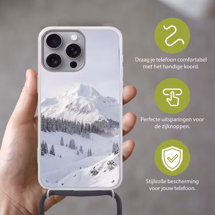 Berg - Sneeuw - Winter - Natuur - Wit Hoesje iPhone 16 Pro Max met koord klein -sfeer2_NL