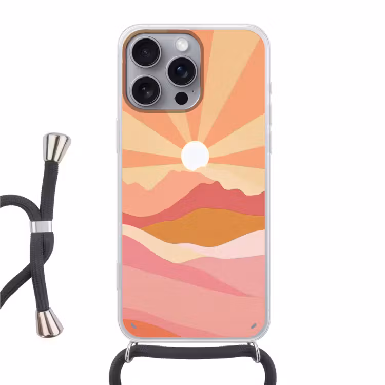 Bergen - Abstract - Zonnestralen - Roze Hoesje iPhone 16 Pro Max met koord klein -3d