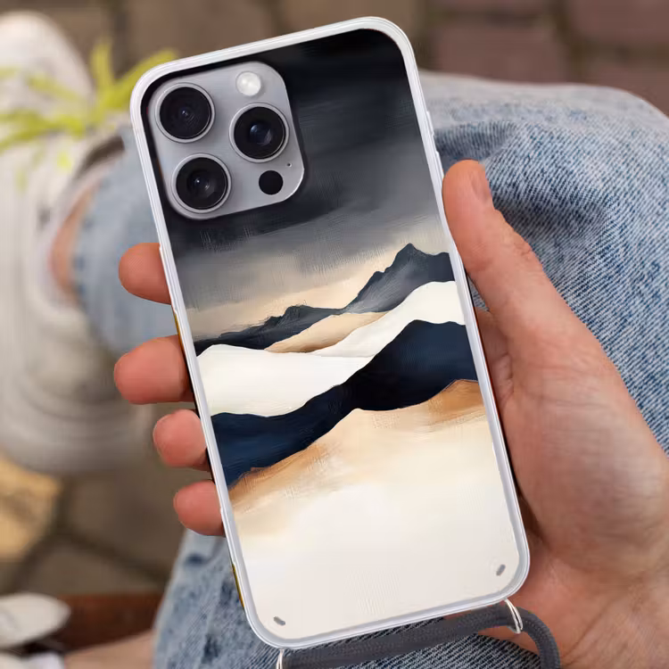 Bergen - Donkerblauw - Landschap Hoesje iPhone 16 Pro Max met koord klein -sfeer3