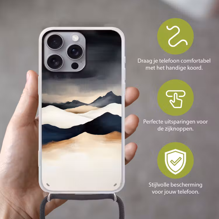 Bergen - Donkerblauw - Landschap Hoesje iPhone 16 Pro Max met koord klein -sfeer2_NL