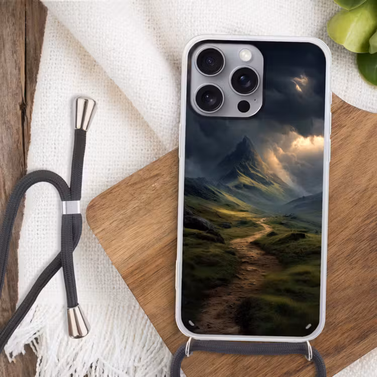 Bergen - Kronkelpad - Groen - Wolken Hoesje iPhone 16 Pro Max met koord klein -sfeer4