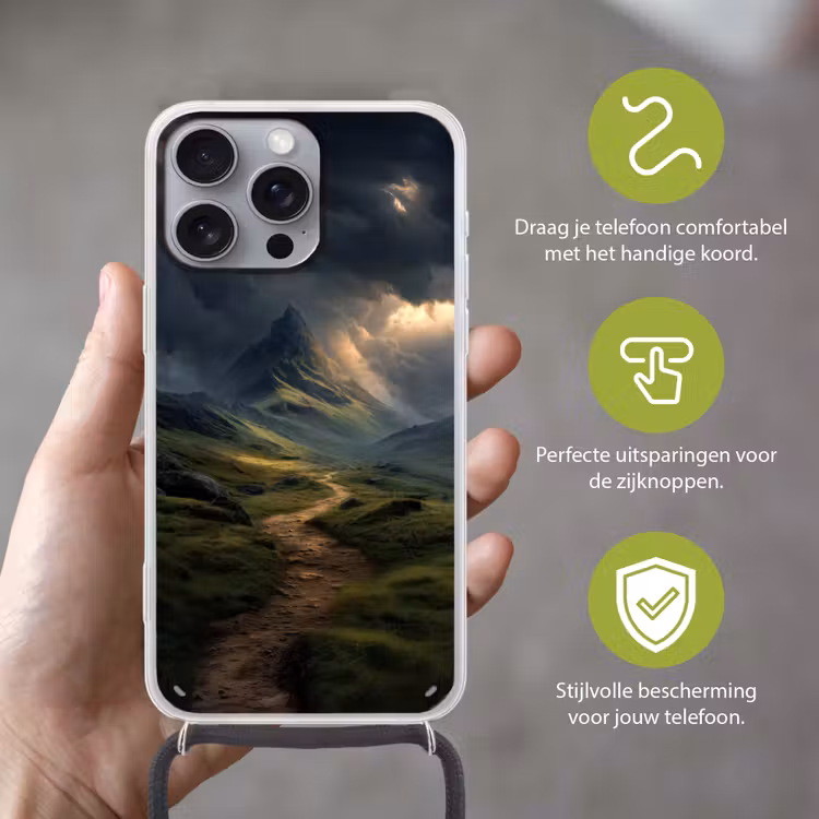Bergen - Kronkelpad - Groen - Wolken Hoesje iPhone 16 Pro Max met koord klein -sfeer2_NL