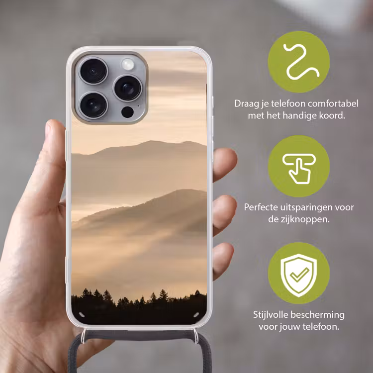 Bergen - Mist - Zonnestralen Hoesje iPhone 16 Pro Max met koord klein -sfeer2_NL