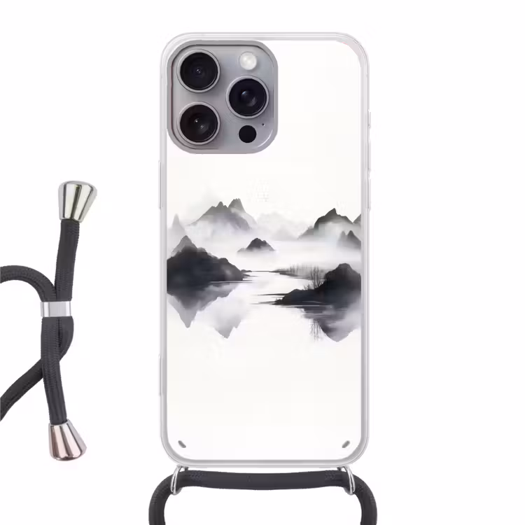 Bergen - Mistig - Water - Wit Hoesje iPhone 16 Pro Max met koord klein -3d