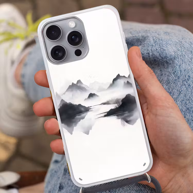 Bergen - Mistig - Water - Wit Hoesje iPhone 16 Pro Max met koord klein -sfeer3