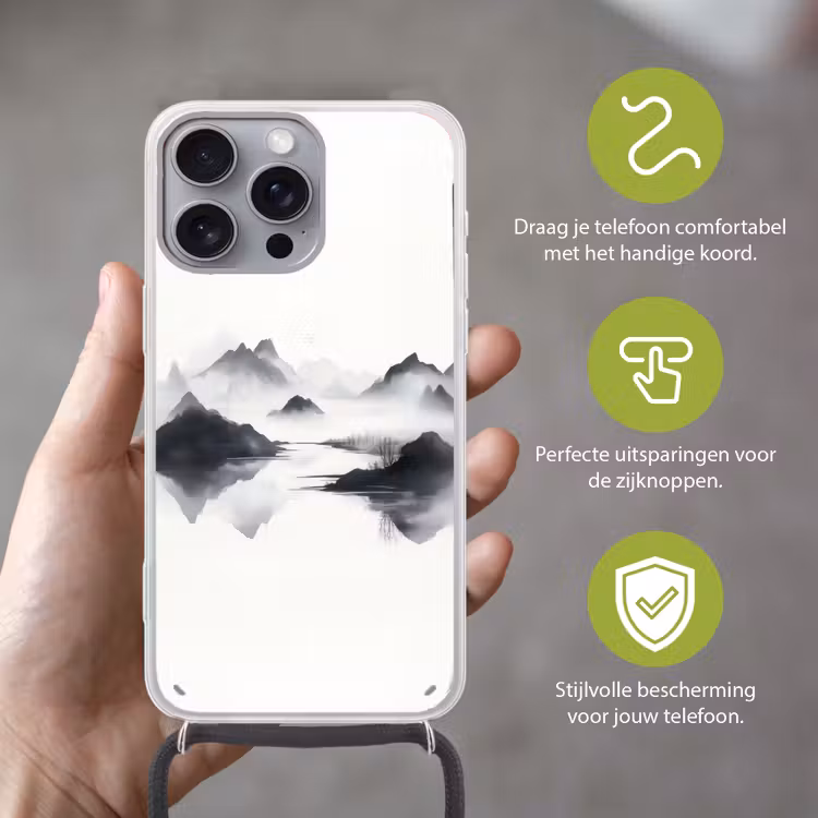 Bergen - Mistig - Water - Wit Hoesje iPhone 16 Pro Max met koord klein -sfeer2_NL