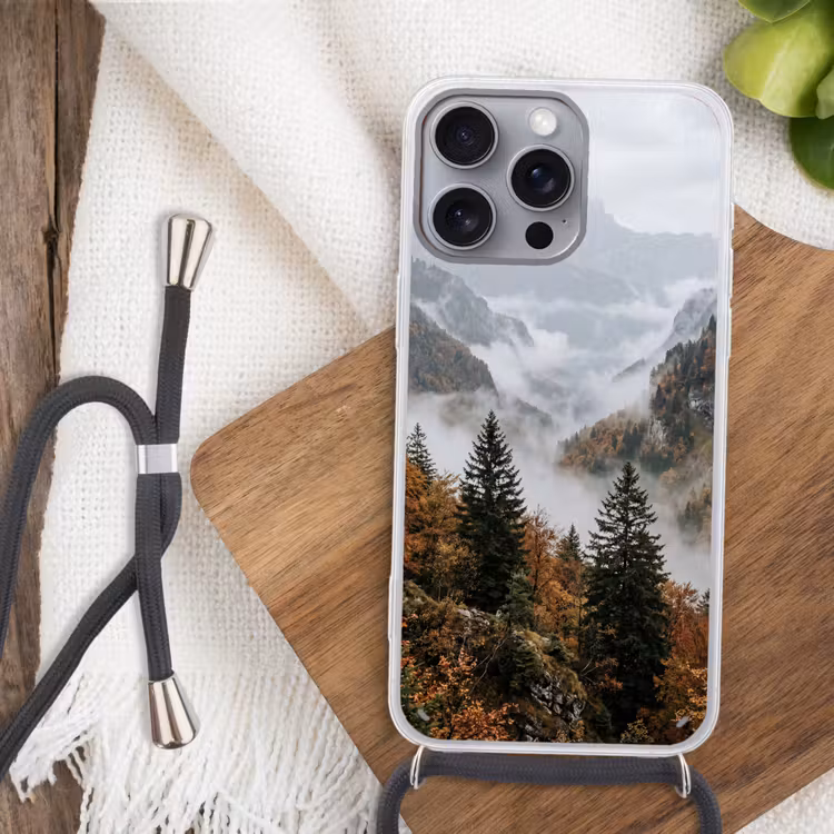 Bergen - Vallei - Mist - Herfst - Natuur Hoesje iPhone 16 Pro Max met koord klein -sfeer4