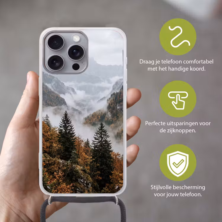 Bergen - Vallei - Mist - Herfst - Natuur Hoesje iPhone 16 Pro Max met koord klein -sfeer2_NL