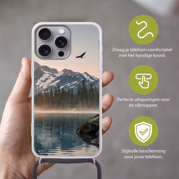 Bergen - Water - Bomen Hoesje iPhone 16 Pro Max met koord klein -sfeer2_NL