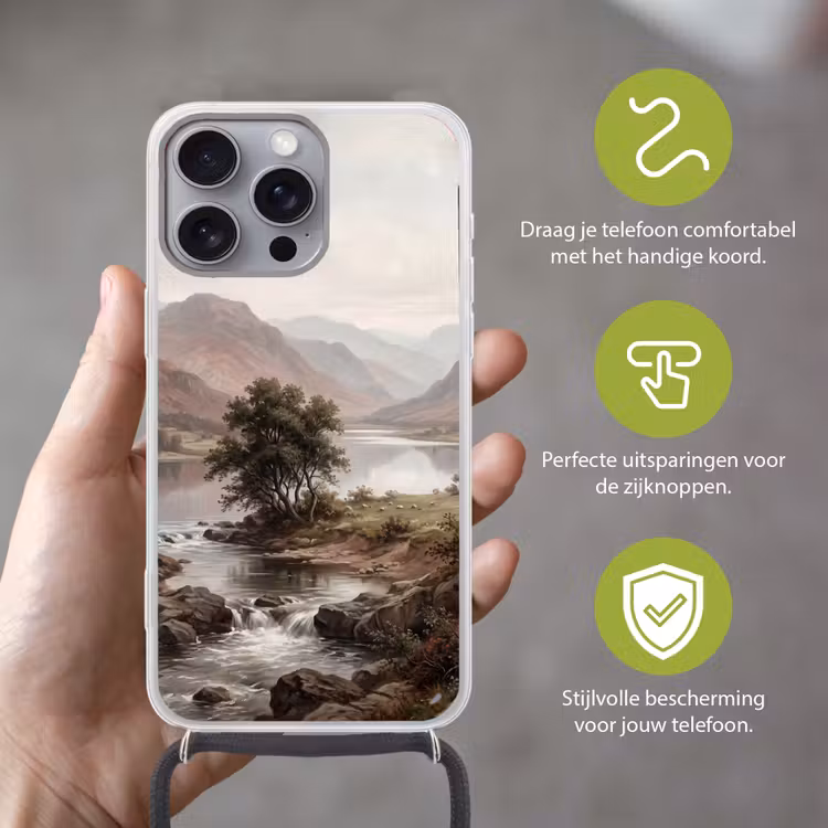 Berglandschap - Meer - Bergen - Vallei - Klassiek Hoesje iPhone 16 Pro Max met koord klein -sfeer2_NL