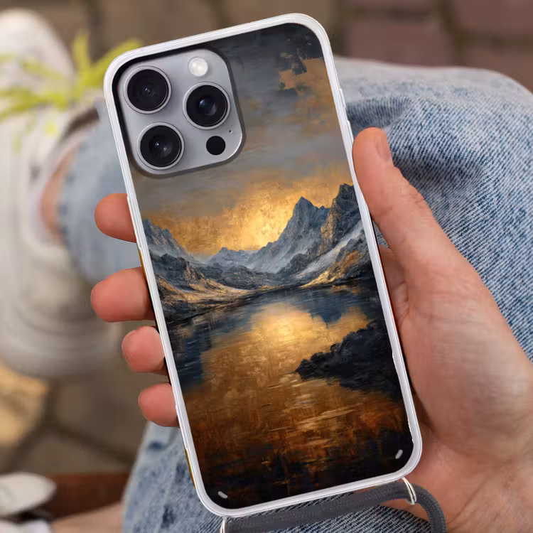 Berglandschap met Gouden Zonsondergang Hoesje iPhone 16 Pro Max met koord klein -sfeer3