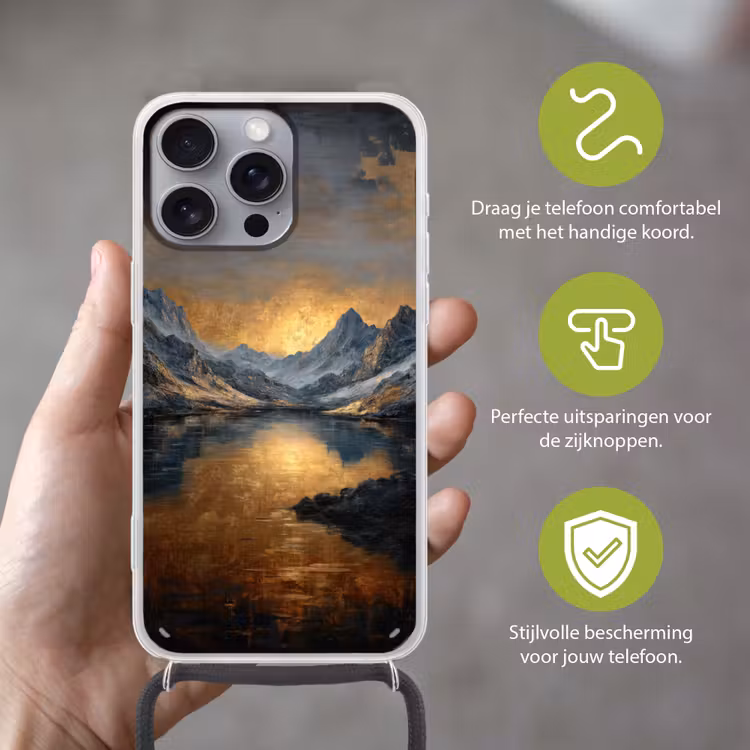 Berglandschap met Gouden Zonsondergang Hoesje iPhone 16 Pro Max met koord klein -sfeer2_NL