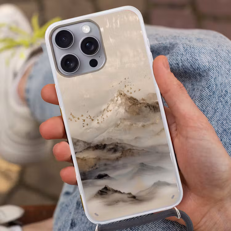 Berglandschap - Mist - Penseelstreken Hoesje iPhone 16 Pro Max met koord klein -sfeer3