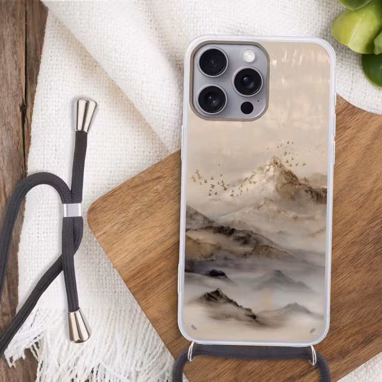 Berglandschap - Mist - Penseelstreken Hoesje iPhone 16 Pro Max met koord klein -sfeer4