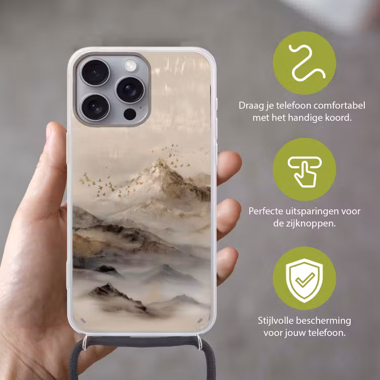 Berglandschap - Mist - Penseelstreken Hoesje iPhone 16 Pro Max met koord klein -sfeer2_NL
