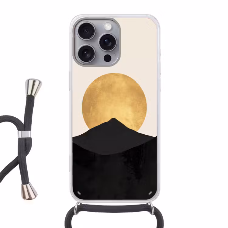 Bergsilhouetten - Gouden cirkel - Beige Hoesje iPhone 16 Pro Max met koord klein -3d