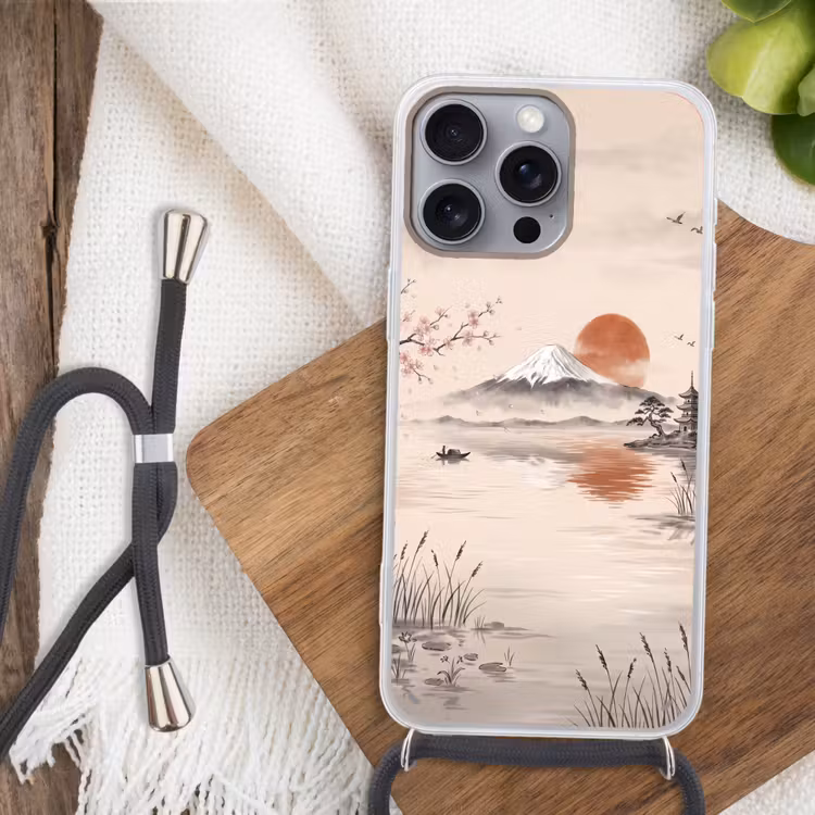 Bergtop - Meer - Bloesem Hoesje iPhone 16 Pro Max met koord klein -sfeer4