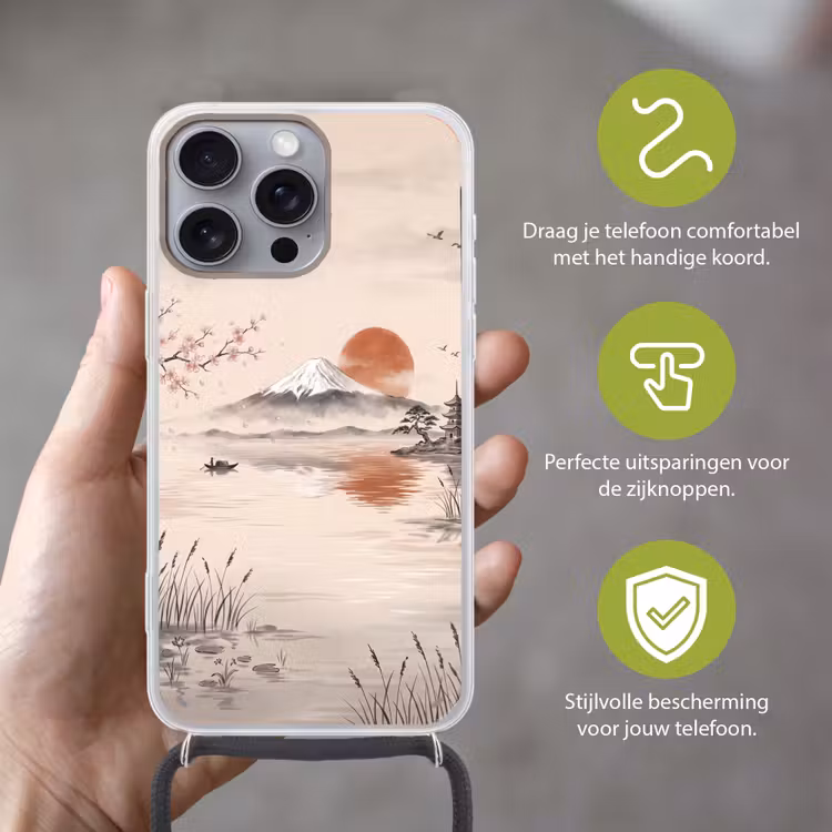 Bergtop - Meer - Bloesem Hoesje iPhone 16 Pro Max met koord klein -sfeer2_NL