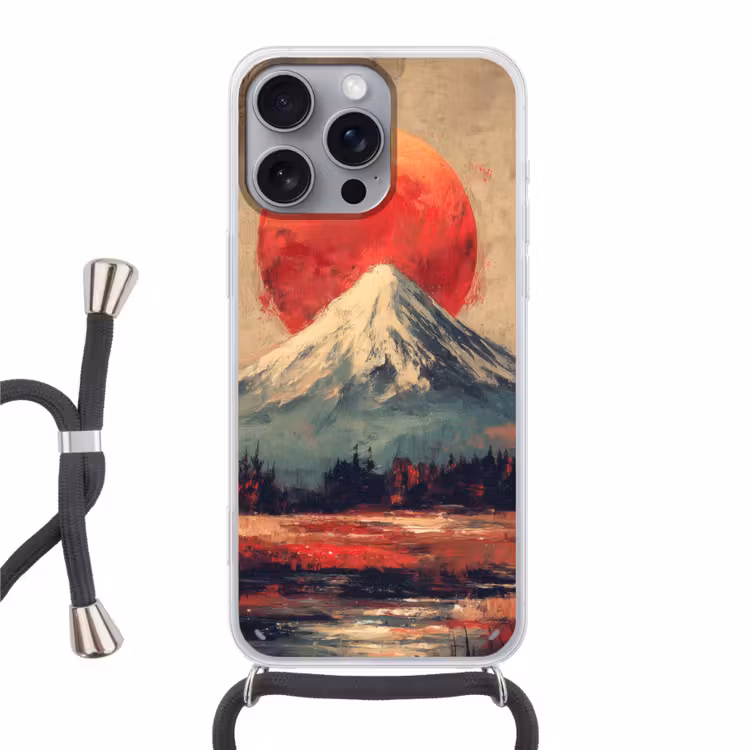 Bergtop - Sneeuw - Zon Hoesje iPhone 16 Pro Max met koord klein -3d