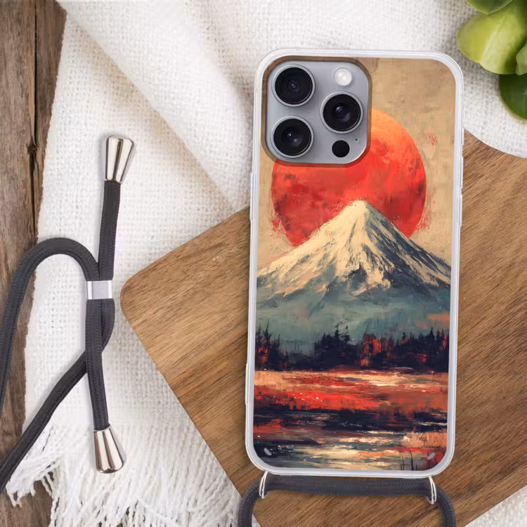 Bergtop - Sneeuw - Zon Hoesje iPhone 16 Pro Max met koord klein -sfeer4