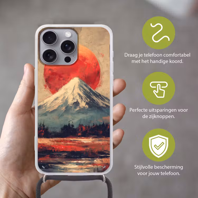 Bergtop - Sneeuw - Zon Hoesje iPhone 16 Pro Max met koord klein -sfeer2_NL