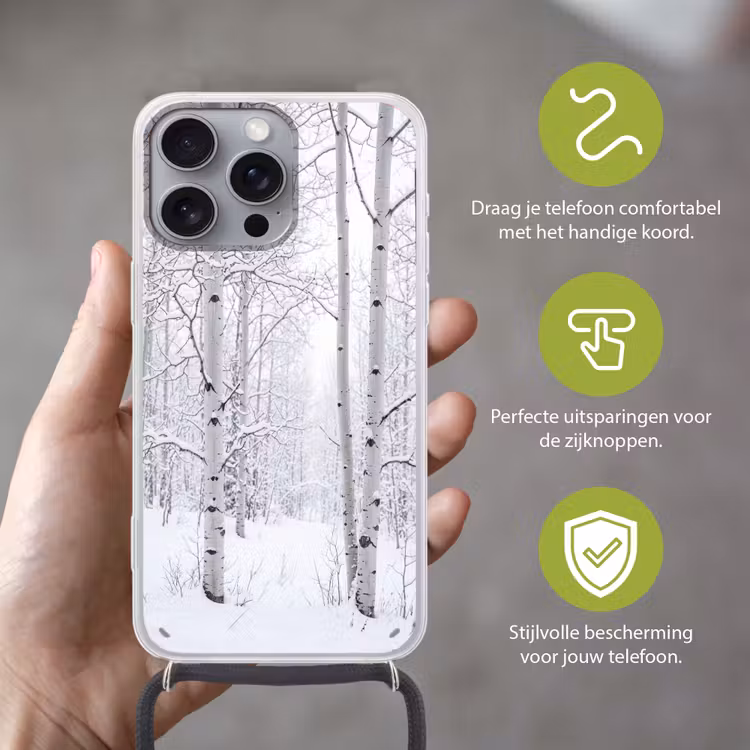 Berkenbomen - Sneeuw - Winter - Bos - Wit Hoesje iPhone 16 Pro Max met koord klein -sfeer2_NL