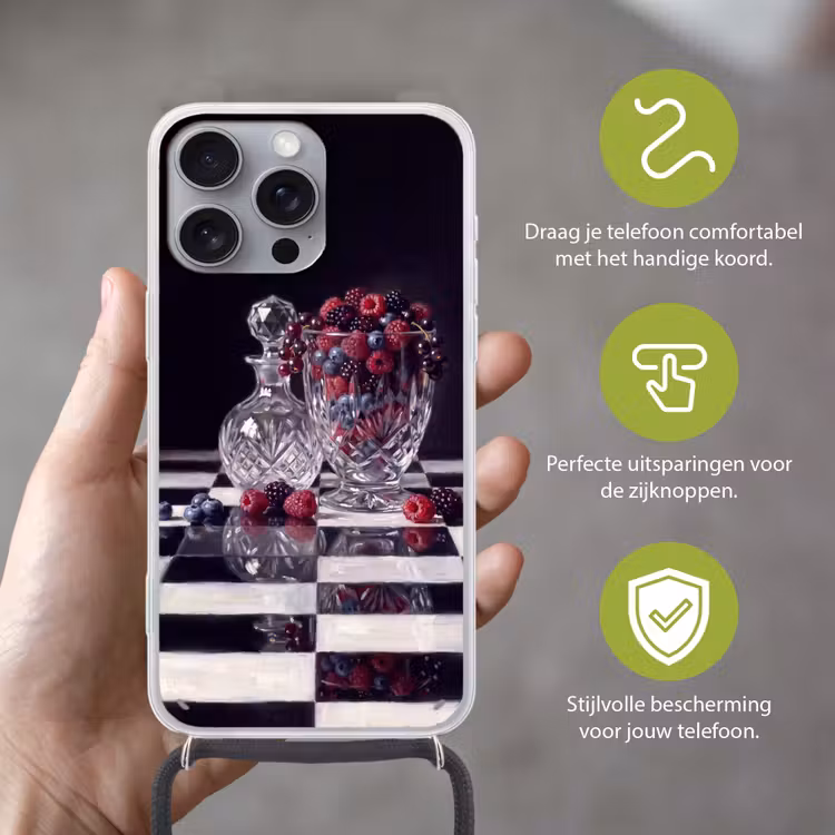Telefoonhoesje met koord - Bessen - Kristal - Stilleven - Bessen - Kristal - Stilleven Hoesje iPhone 16 Pro Max met koord klein