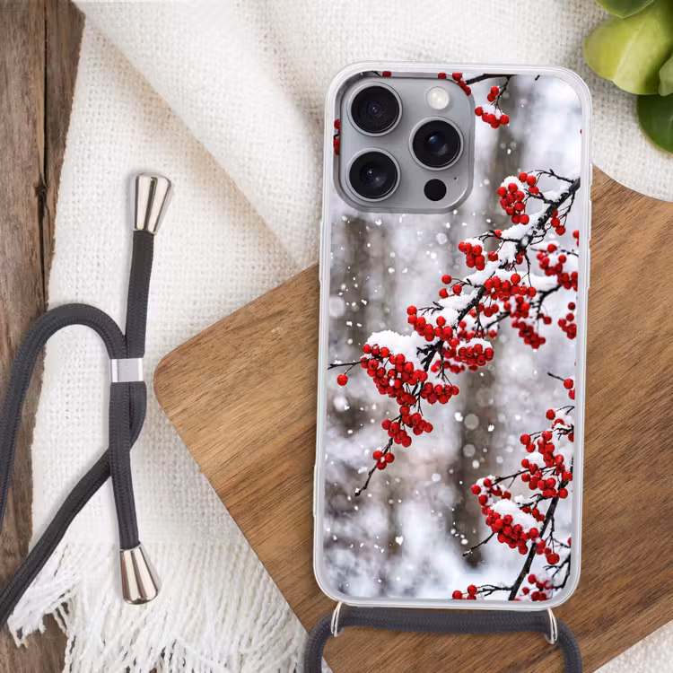 Bessen - Takken - Sneeuw - Winter - Kleurrijk Hoesje iPhone 16 Pro Max met koord klein -sfeer4