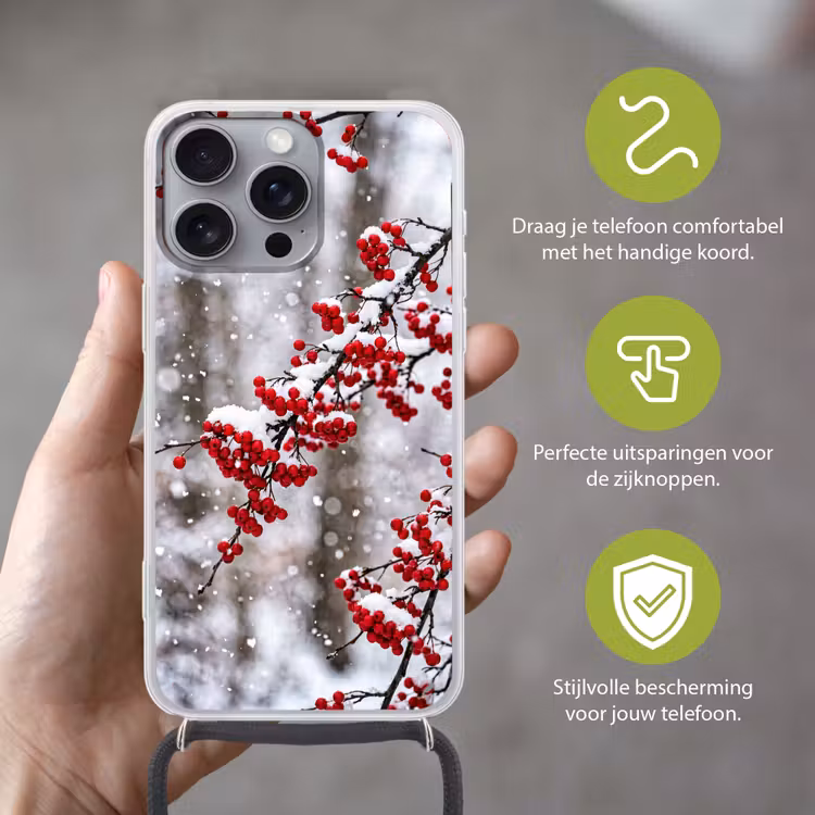 Bessen - Takken - Sneeuw - Winter - Kleurrijk Hoesje iPhone 16 Pro Max met koord klein -sfeer2_NL