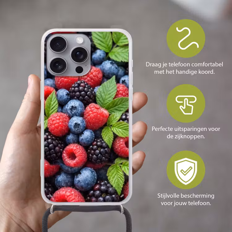 Bessen - Vers - Waterdruppels - Kleurrijk - Eten Hoesje iPhone 16 Pro Max met koord klein -sfeer2_NL