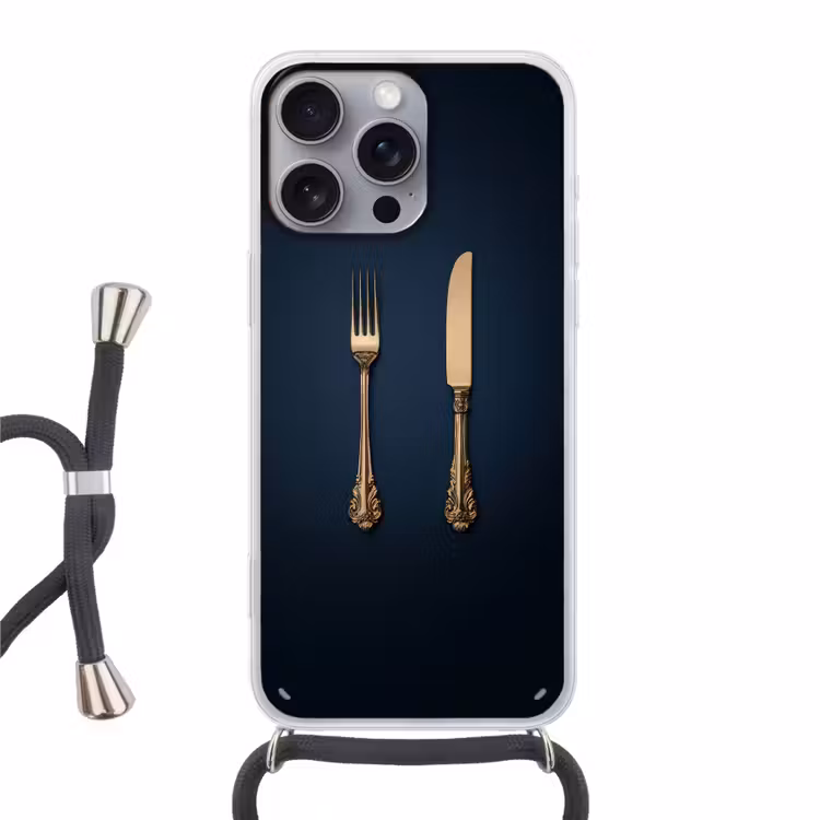 Bestek - Donkerblauw - Goud Hoesje iPhone 16 Pro Max met koord klein -3d