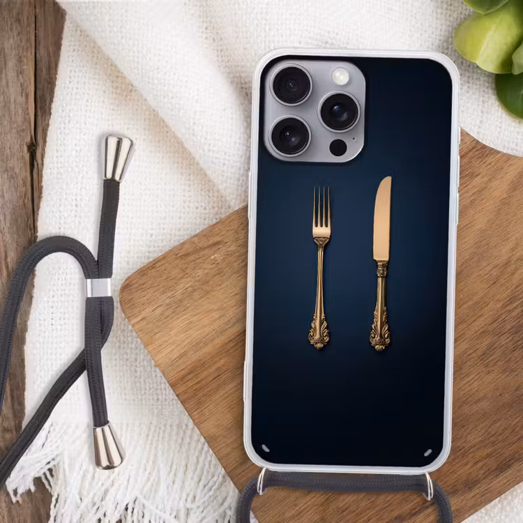 Bestek - Donkerblauw - Goud Hoesje iPhone 16 Pro Max met koord klein -sfeer4