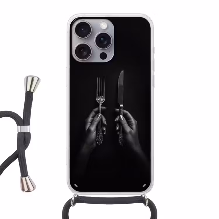 Bestek - Zwart - Wit Hoesje iPhone 16 Pro Max met koord klein -3d