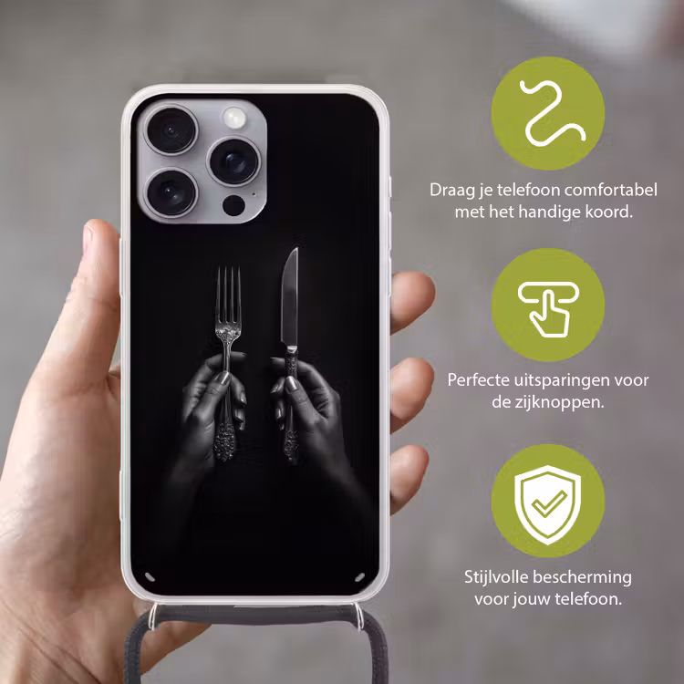 Bestek - Zwart - Wit Hoesje iPhone 16 Pro Max met koord klein -sfeer2_NL