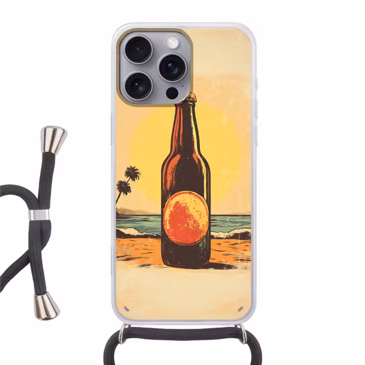 Bierfles - Zonsondergang - Palmbomen - Zee Hoesje iPhone 16 Pro Max met koord klein -3d