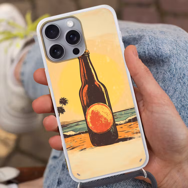 Bierfles - Zonsondergang - Palmbomen - Zee Hoesje iPhone 16 Pro Max met koord klein -sfeer3