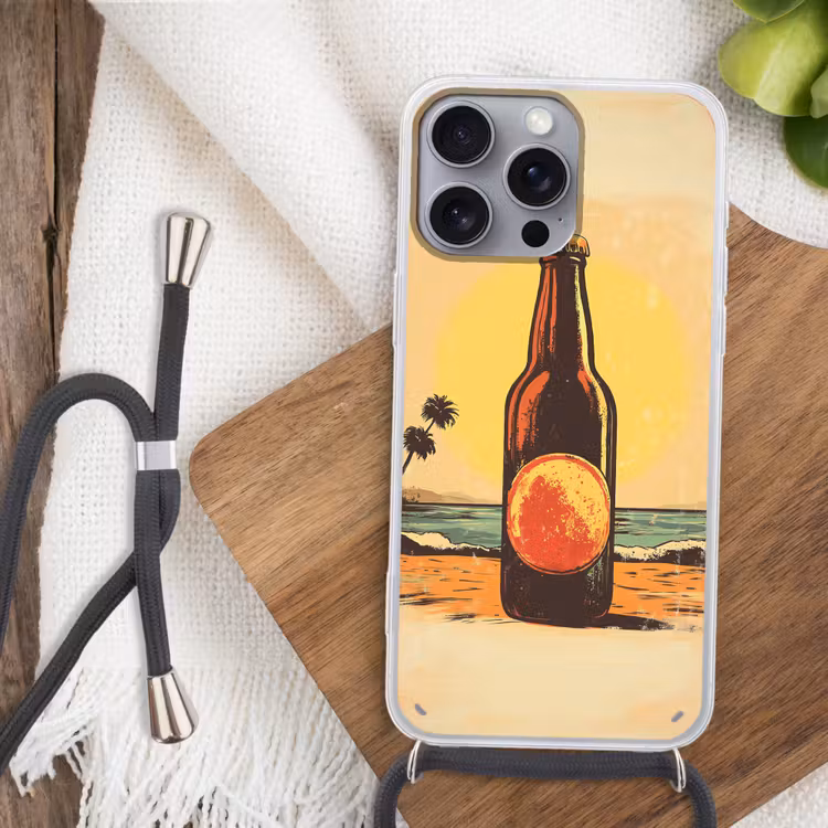 Bierfles - Zonsondergang - Palmbomen - Zee Hoesje iPhone 16 Pro Max met koord klein -sfeer4
